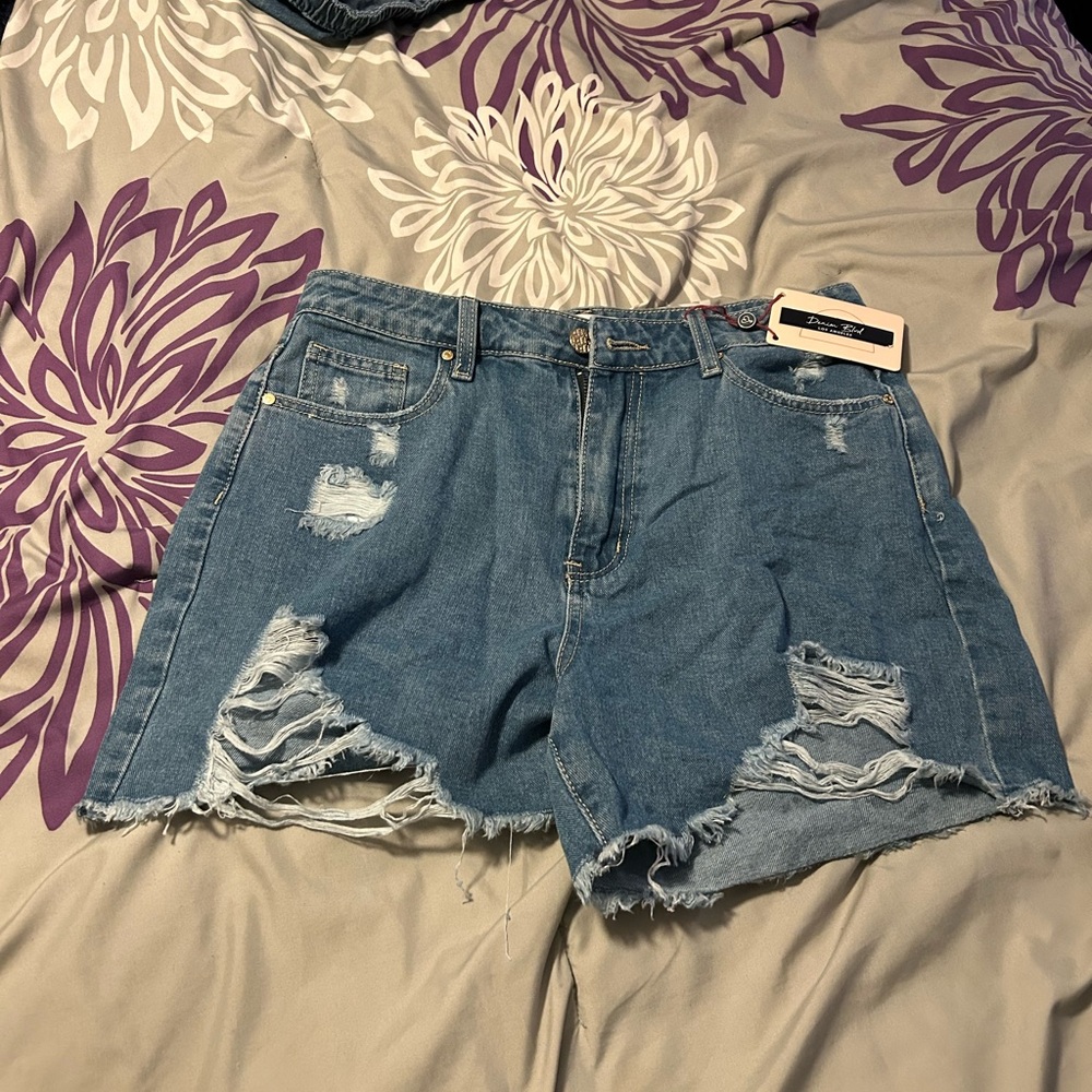 Blue High Waist Distressed Denim Shorts